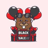 cute beaver in black friday cartoon illustration vector