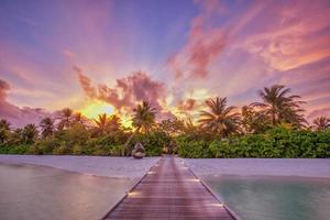 Beautiful panoramic sunset tropical paradise beach. Tranquil summer vacation or holiday landscape. Wooden pier pathway seaside palm calm sea, lights exotic nature view inspirational seascape scenic photo