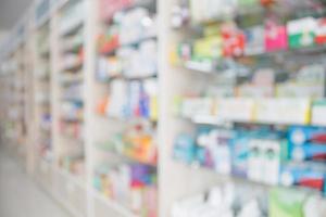 Pharmacy blur background with medicine on shelves photo