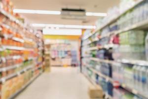 Empty supermarket aisle with product on shelves blurred background photo