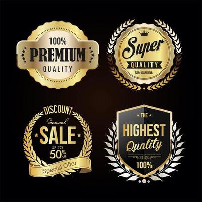 Collection of golden badges and labels