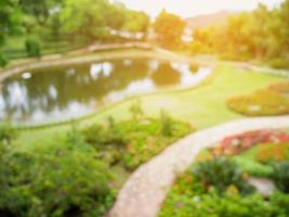 Walkway in the flowers garden blur background photo