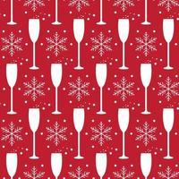 Christmas and new year seamless pattern with champagne glasses and snowflakes on red background. vector