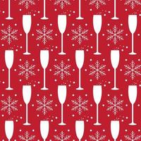 Christmas and new year seamless pattern with champagne glasses and snowflakes on red background. vector