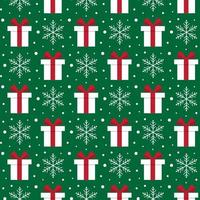 Christmas and new year seamless pattern with gift boxes and snowflakes on green background. vector