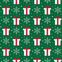 Christmas and new year seamless pattern with gift boxes and snowflakes on green background. vector