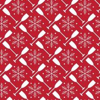 Christmas and new year seamless pattern with champagne glasses and snowflakes on red background. vector