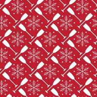 Christmas and new year seamless pattern with champagne glasses and snowflakes on red background. vector