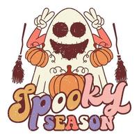 temporada espeluznante con fantasma de sonrisa, lindo diseño retro de halloween, póster retro de halloween. vector