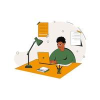 hombre trabajando o aprendiendo en casa en la mesa. autónomo, trabajo en casa, trabajo en línea, oficina en casa, concepto de aprendizaje electrónico. ilustración vectorial para póster, pancarta, sitio web. vector