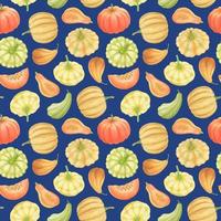 BLUE VECTOR SEAMLESS PATTERN WITH MULTICOLORED WATERCOLOR PUMPKINS