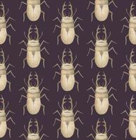 PURPLE VECTOR SEAMLESS PATTERN WITH WATERCOLOR RHINOCEROS BEETLES