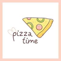 Cute print with pizza in doodle kawaii style with the text pizza time. Fast food poster. Vector food illustration.