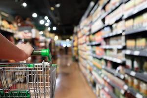 woman hand hold shopping cart with Abstract blur supermarket aisle background photo