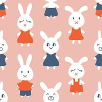 Seamless pattern with white hares in different clothes. vector