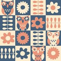 Geometric seamless pattern with daisies and owls. vector