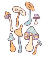 Whimsical fungus mushrooms retro psychedelic print. vector