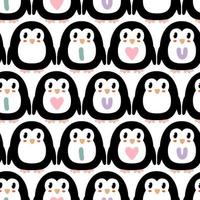 Cartoon style penguins and hearts seamless pattern. vector