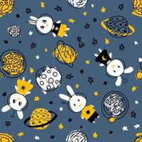 Night seamless pattern with rabbits cosmonauts discover universe. Perfect print for tee, textile and fabric. vector