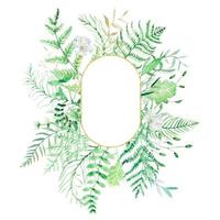 Watercolor round frame  of forest leaves, fern leaves. vector