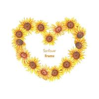 Heart shaped sunflower frame, watercolor illustration vector