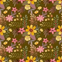 Colorful hand draw flowers on brown pattern. vector