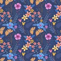 Colorful hand draw flowers on blue color seamless pattern vector