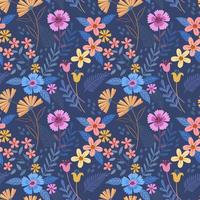 Colorful hand draw flowers on blue color seamless pattern vector