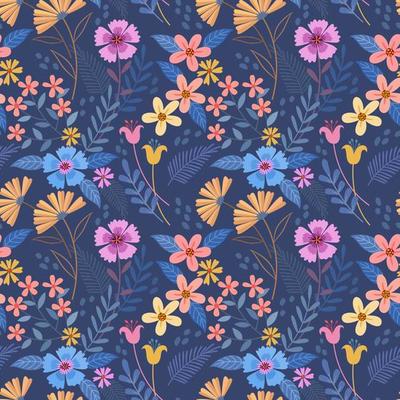 Colorful hand draw flowers on blue color seamless pattern