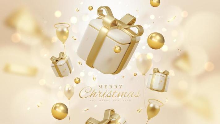 Merry christmas background with gift box decoration and gold ball and balloons with bokeh elements and glow effects. Vector illustration.