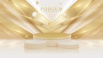 Product display podium with golden curve line element and ball decoration and glitter light effect. Vector illustration.
