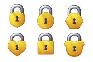 Game icon golden metal closed lock shapes square round and hearts. vector