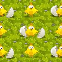 Seamless pattern newborn chick in the nest for texture. Vector illustration chickens from eggs on green grass for wallpaper.