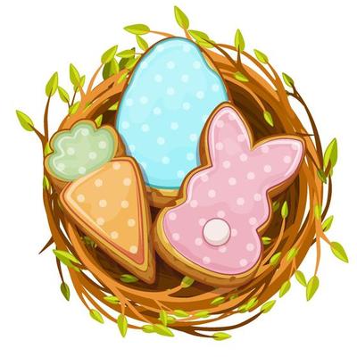 Nest with cute bunny, carrot, egg biscuit cookies.