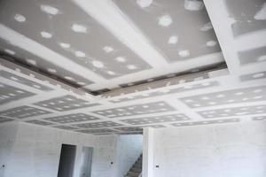 ceiling gypsum board installation at construction site photo