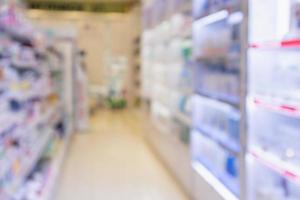 Pharmacy drugstore blur abstract background with medicine and vitamin product on shelves photo