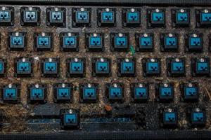 Very dirty keyboard. Dog hair, breadcrumbs and dust accumulated under the keys. Mechanical keyboard switches without buttons photo