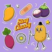 Colorful doodle sticker, healthy food doodle sticker, character, vintage sticker, fruits, vegan vector