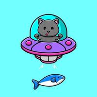 Cute Cat Catching Fish With Ufo Cartoon Vector Icon Illustration. Flat Cartoon Concept