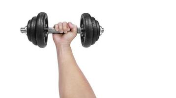 hand holding black dumbbells isolated on white with text input area photo