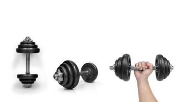 Metal dumbbells. Isolated on white background. Gym, fitness and sports equipment symbol. Area for entering text photo