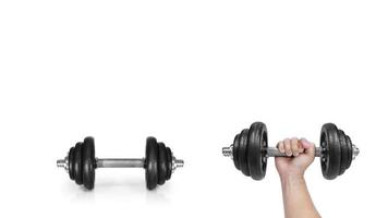Metal dumbbells. Isolated on white background. Gym, fitness and sports equipment symbol. Area for entering text photo