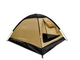 Isolated yellow-black travel tent on white backgrouynd photo