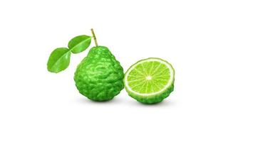 Bergamot fruit with cut in half and leaf isolated on white background. Clipping path. photo