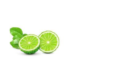kaffir lime fruit with stems and leaves isolated on white background and space for text input photo
