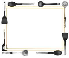 Ladle, turner, kitchen utensils and space to put messages separately on white. photo