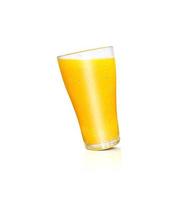 A glass of orange juice has orange pulp mixed on a white background. with reflections of orange glass photo