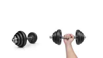 Metal dumbbells. Isolated on white background. Gym, fitness and sports equipment symbol. Area for entering text photo