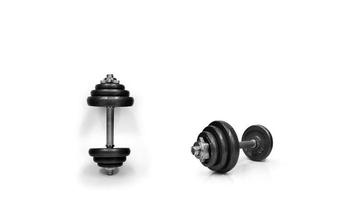 Metal dumbbells. Isolated on white background. Gym, fitness and sports equipment symbol. Area for entering text photo