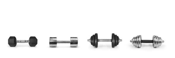 Metal dumbbells on a white background. Gym, fitness and sports equipment symbols. text input area photo